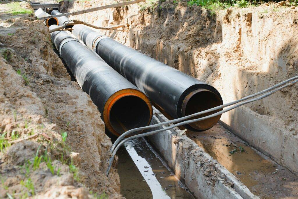 Repair of industrial street water supply. Two steel pipes in dug hole outdoors